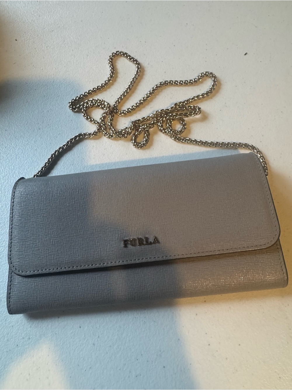 Furla Taupe Leather Crossbody Wallet with Chain